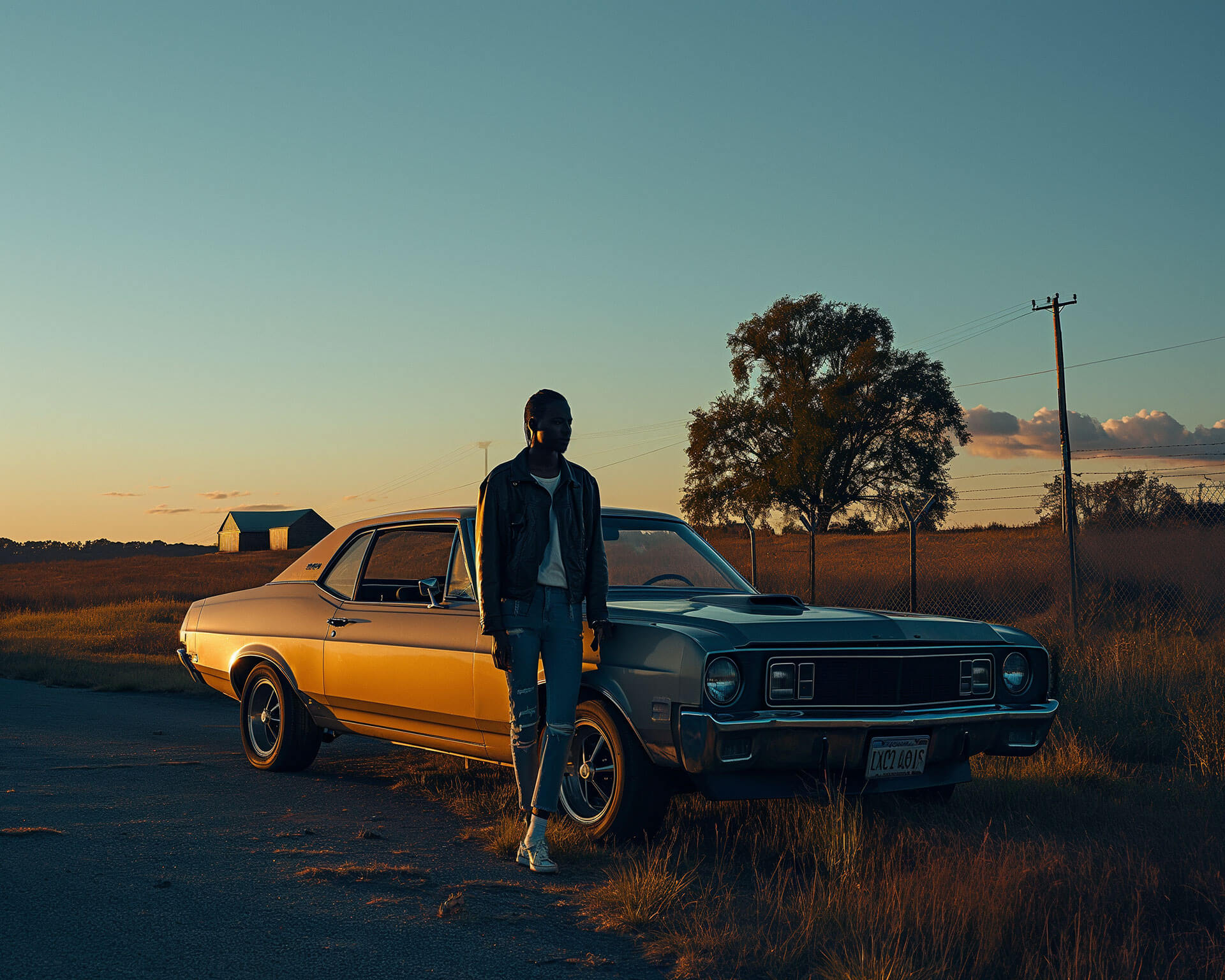 Golden-Hour-Contemplation-with-Vintage-Muscle-Car